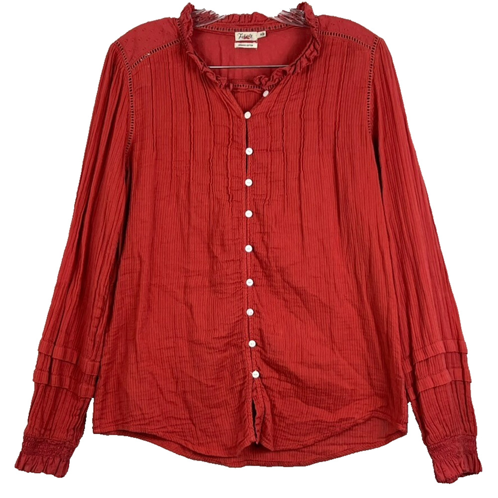 Faherty Shirt Women's M Red Ruffle Trim Collar Button Up Organic Cotton